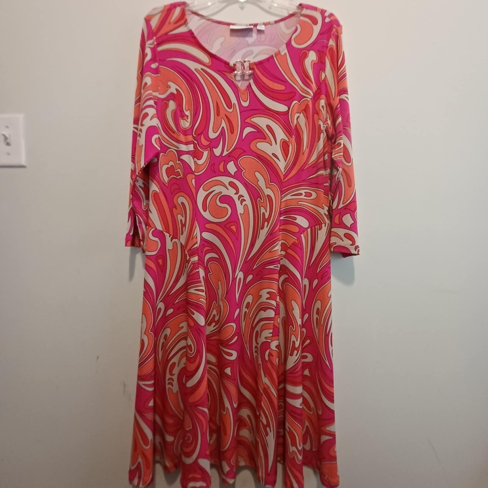 Susan Graver‎ Liquid Knit Dress size M Retro Mod 60s swingy hot pink orange tan